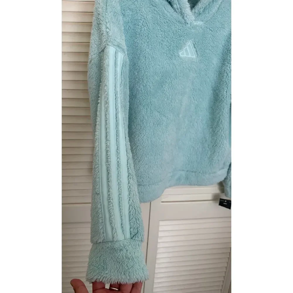 Adidas Halo Mint 3-Stripes Sherpa Hoodie Large 14 NEW Loungewear Casual Cozycore